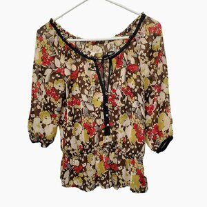 Hollister Floral Print Chiffon Blouse S Peasant Style 3/4 Sleeve Button Front